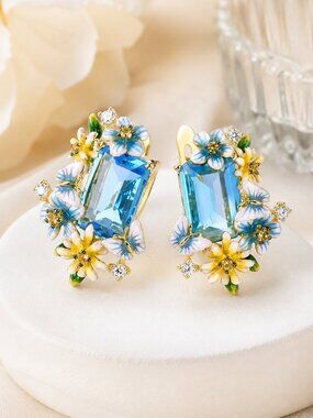 Blue Gold Floral Crystal Earrings Enamel Flower Statement Studs NWT